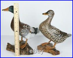 2 Vintage Mallard Wood Duck Decoy Hand Painted Carved GREAT DETAIL Cottage Decor