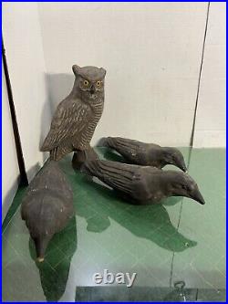Antique Victor 3 Crows Crow & 1 Owl Paper Mache Decoy Set Lot Of 4 Total