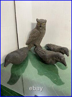 Antique Victor 3 Crows Crow & 1 Owl Paper Mache Decoy Set Lot Of 4 Total