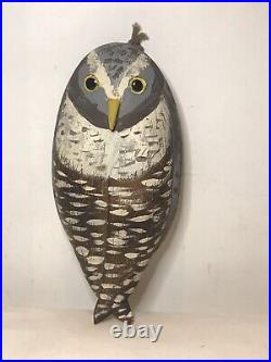 Hawk owl decoy carved wood crow hunting vintage glass eye