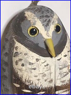 Hawk owl decoy carved wood crow hunting vintage glass eye