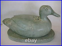 Large Vintage Hand Carved Crackle Painted Sea Green Wooden Duck Decoy (Rare)