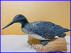 Loon Duck Decoy by Harry Ross, Detailed Carved Wing Relief, Glass Eyes, Signed