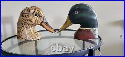 M H Gould Wood Carving Pair of Mallard Duck Heads, Vintage, 1975 Beautiful Rare