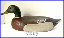 Vint. Orig. Duck Wood Decoy Mallard, Carved Wing Relief, Glass Eyes, Unsigned