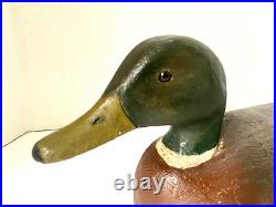 Vint. Orig. Duck Wood Decoy Mallard, Carved Wing Relief, Glass Eyes, Unsigned