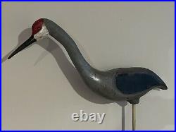 Vintage Carved Wood Sandhill Crane Heron Shorebird Duck Decoy Hardwood Stand 26