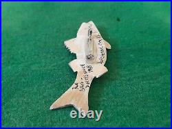 Vintage Carved Wooden Striped Bass Rockfish Decoy Pin Signed R Rue Dorchester Co