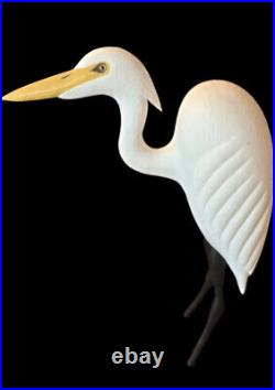 Vintage Hand Carved & Painted Wooden Great Egret, Joe Freitas, Artist Signed