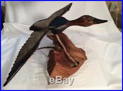Vintage Lrg. Beautiful Carved Flying Canvasback Duck Decoy Mounted on Driftwood