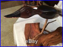 Vintage Lrg. Beautiful Carved Flying Canvasback Duck Decoy Mounted on Driftwood
