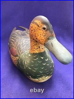 Vintage Signed Luther Shimp Folkart Carved Painted Wooden Duck Decoy Pompey Ny