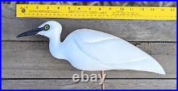 Vintage Snowy Egret Marshland Bird Shorebird Decoy Signed D. R. Glass Eyes